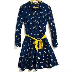 Boden bird dress women size 12 Regular cotton button down pockets blue yellow